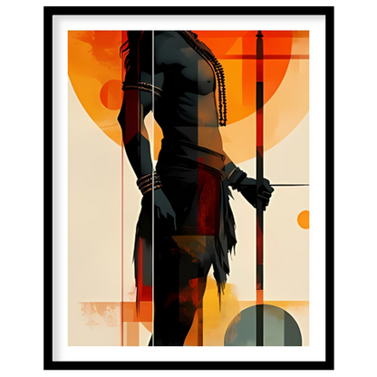 This striking artwork features a bold silhouette of a warrior set against a vibrant sunset for haven