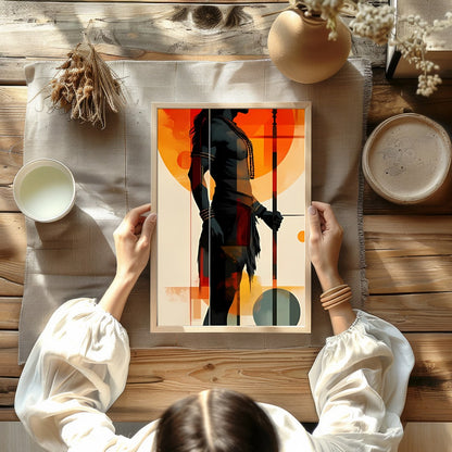 This striking artwork features a bold silhouette of a warrior set against a vibrant sunset for Kitchen