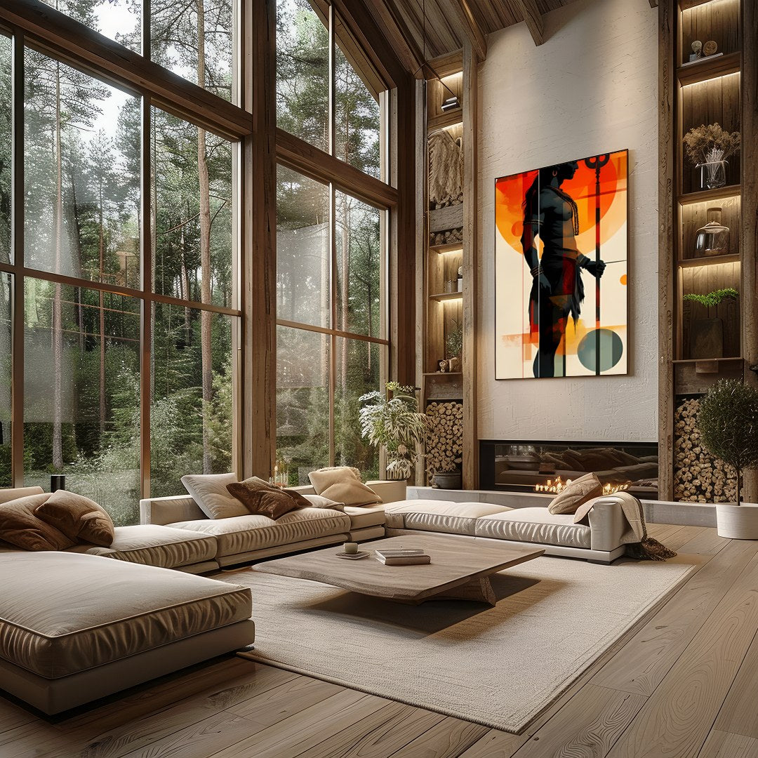 This striking artwork features a bold silhouette of a warrior set against a vibrant sunset for Living Room