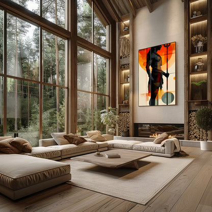 This striking artwork features a bold silhouette of a warrior set against a vibrant sunset for Living Room