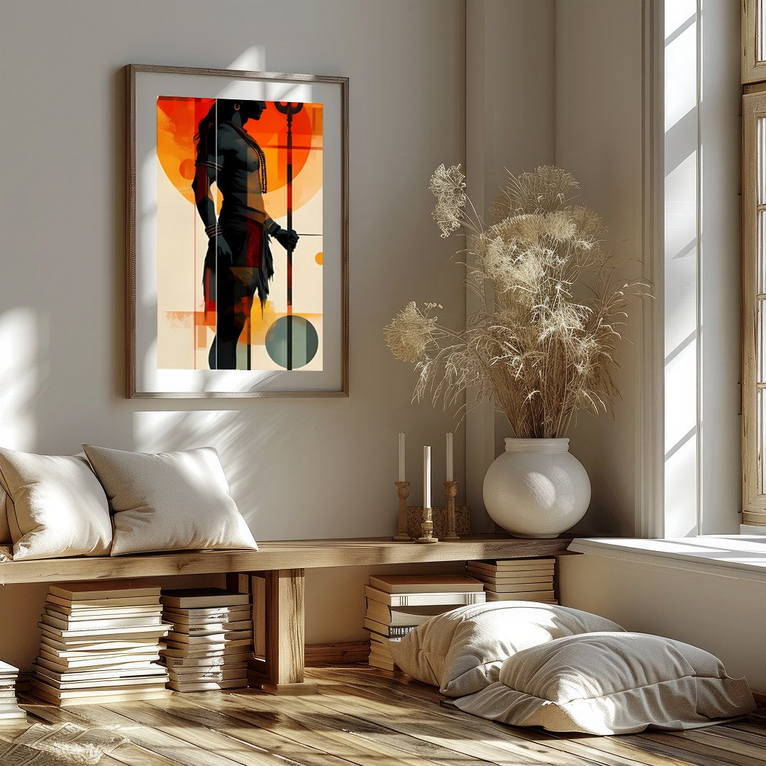 This striking artwork features a bold silhouette of a warrior set against a vibrant sunset for sanctuary
