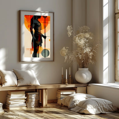 This striking artwork features a bold silhouette of a warrior set against a vibrant sunset for sanctuary