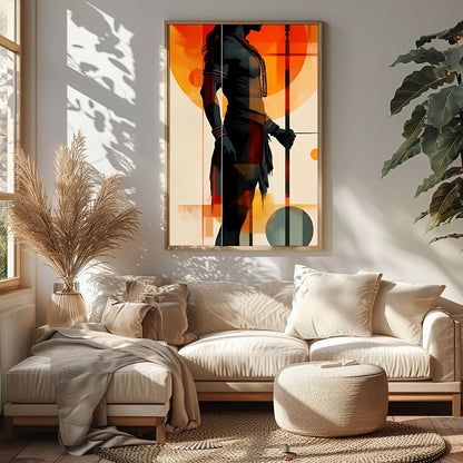 This striking artwork features a bold silhouette of a warrior set against a vibrant sunset for Sitting Area