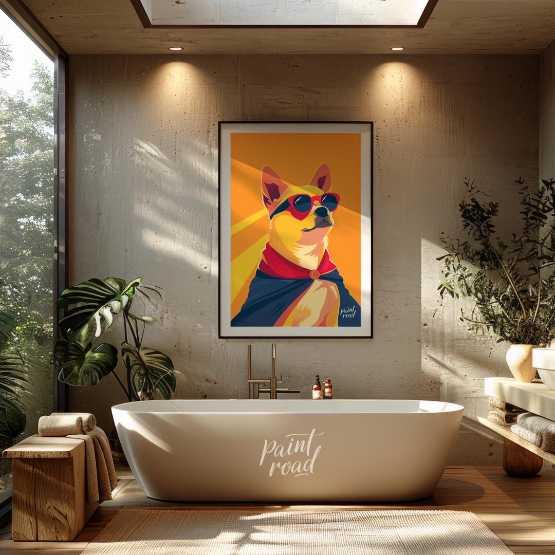 This dynamic pop art illustration features a confident Shiba Inu dog striking a heroic pose, comple… for bathroom