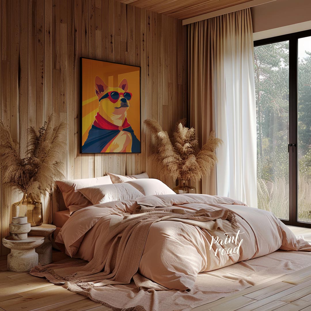 This dynamic pop art illustration features a confident Shiba Inu dog striking a heroic pose, comple… for bedroom