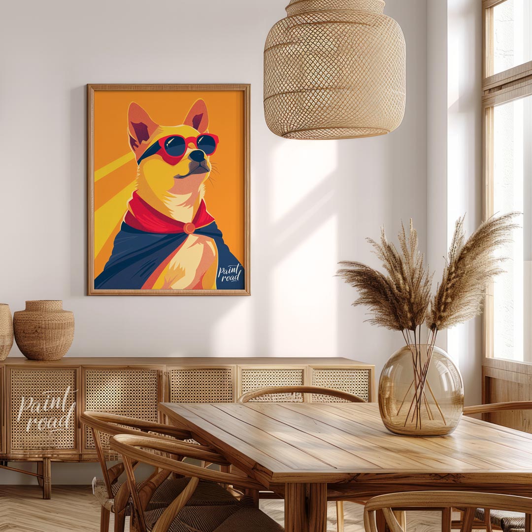 This dynamic pop art illustration features a confident Shiba Inu dog striking a heroic pose, comple… for dining room