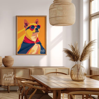 This dynamic pop art illustration features a confident Shiba Inu dog striking a heroic pose, comple… for dining room