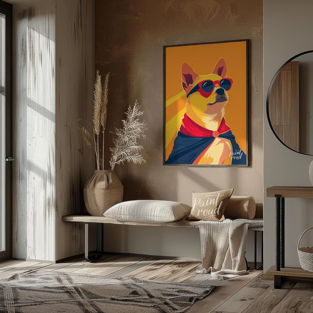 This dynamic pop art illustration features a confident Shiba Inu dog striking a heroic pose, comple… for entryway