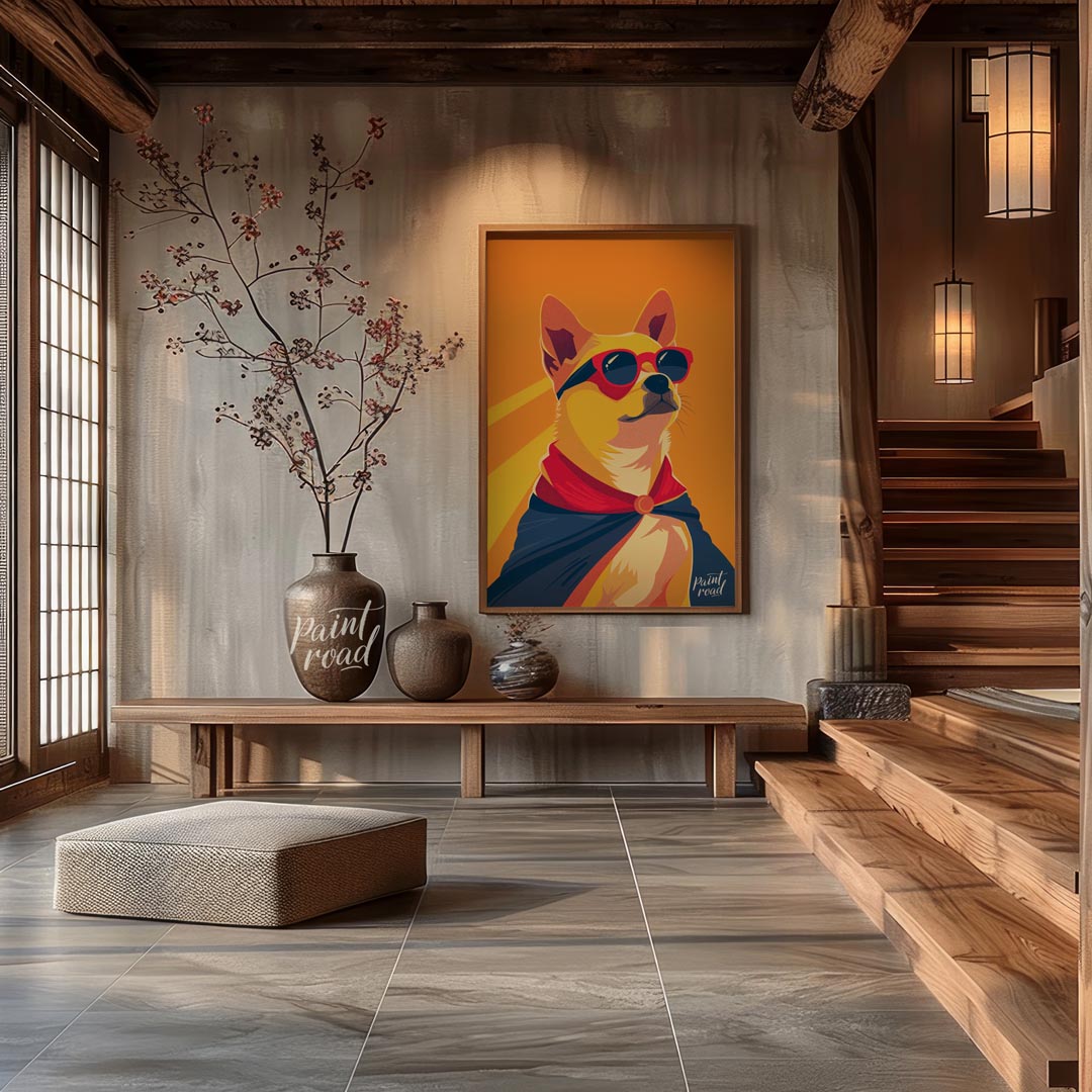 This dynamic pop art illustration features a confident Shiba Inu dog striking a heroic pose, comple… for entryway