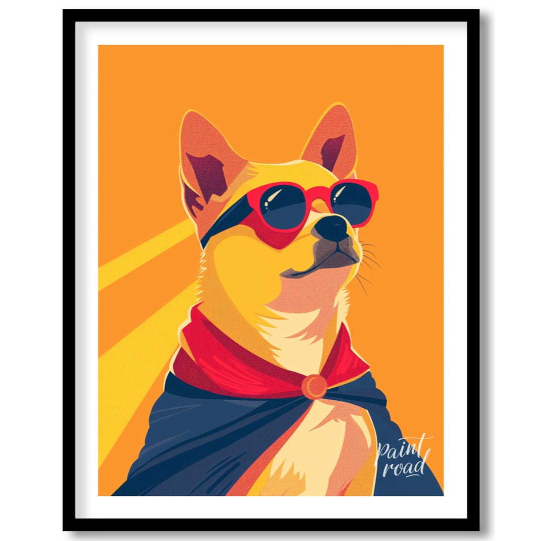 This dynamic pop art illustration features a confident Shiba Inu dog striking a heroic pose, comple… for home