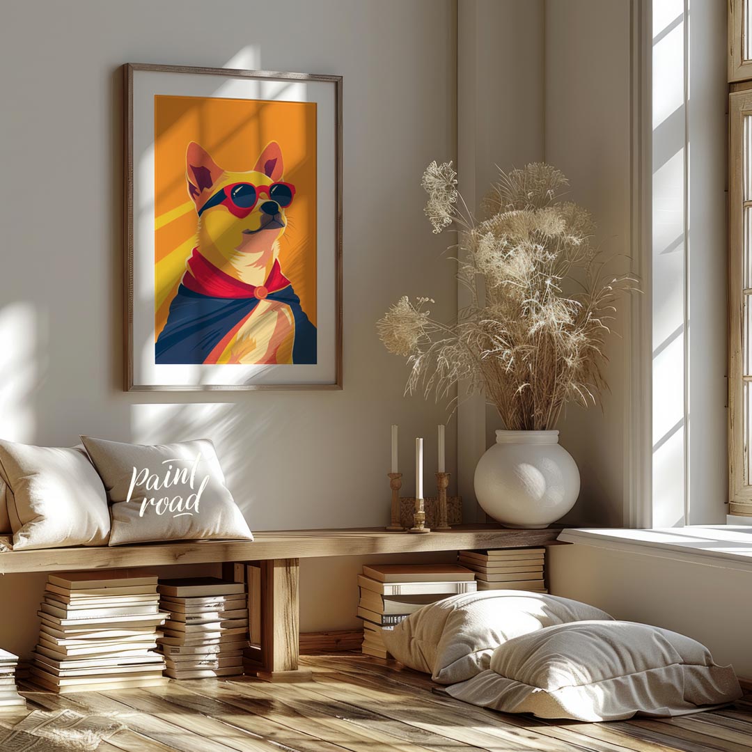 This dynamic pop art illustration features a confident Shiba Inu dog striking a heroic pose, comple… for living room
