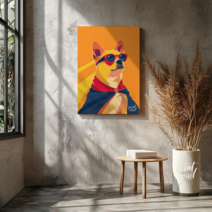 This dynamic pop art illustration features a confident Shiba Inu dog striking a heroic pose, comple… for living room