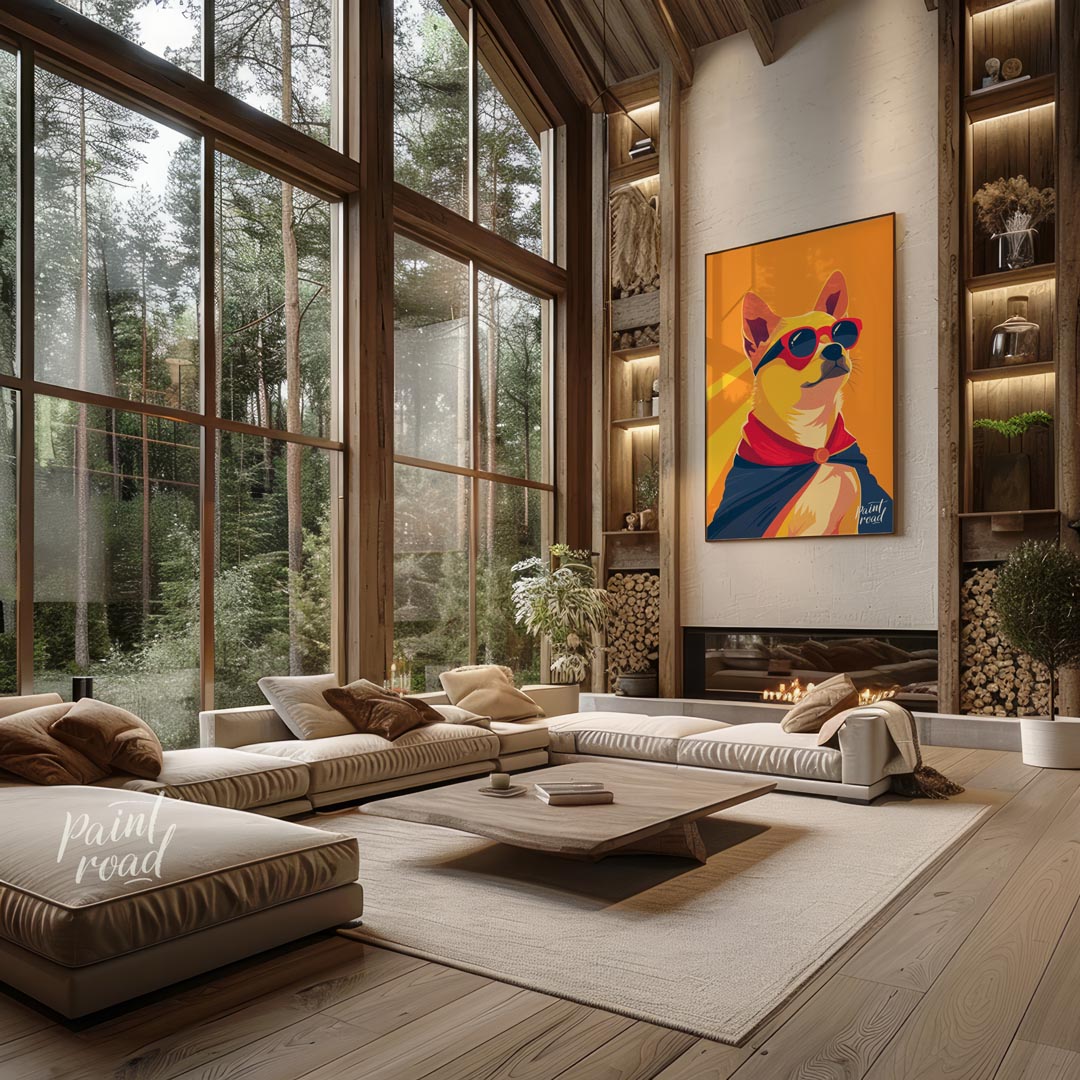 This dynamic pop art illustration features a confident Shiba Inu dog striking a heroic pose, comple… for living room
