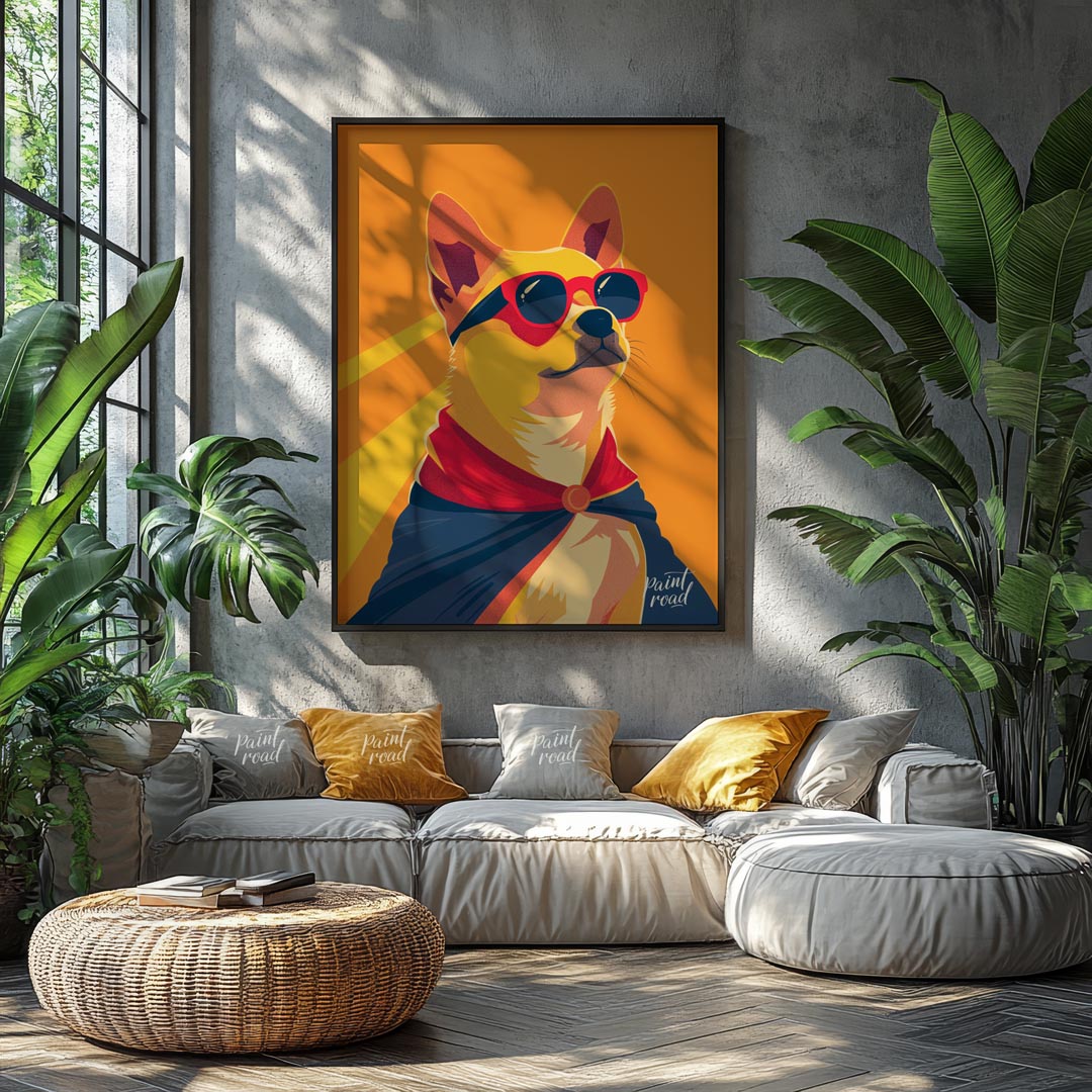 This dynamic pop art illustration features a confident Shiba Inu dog striking a heroic pose, comple… for living room