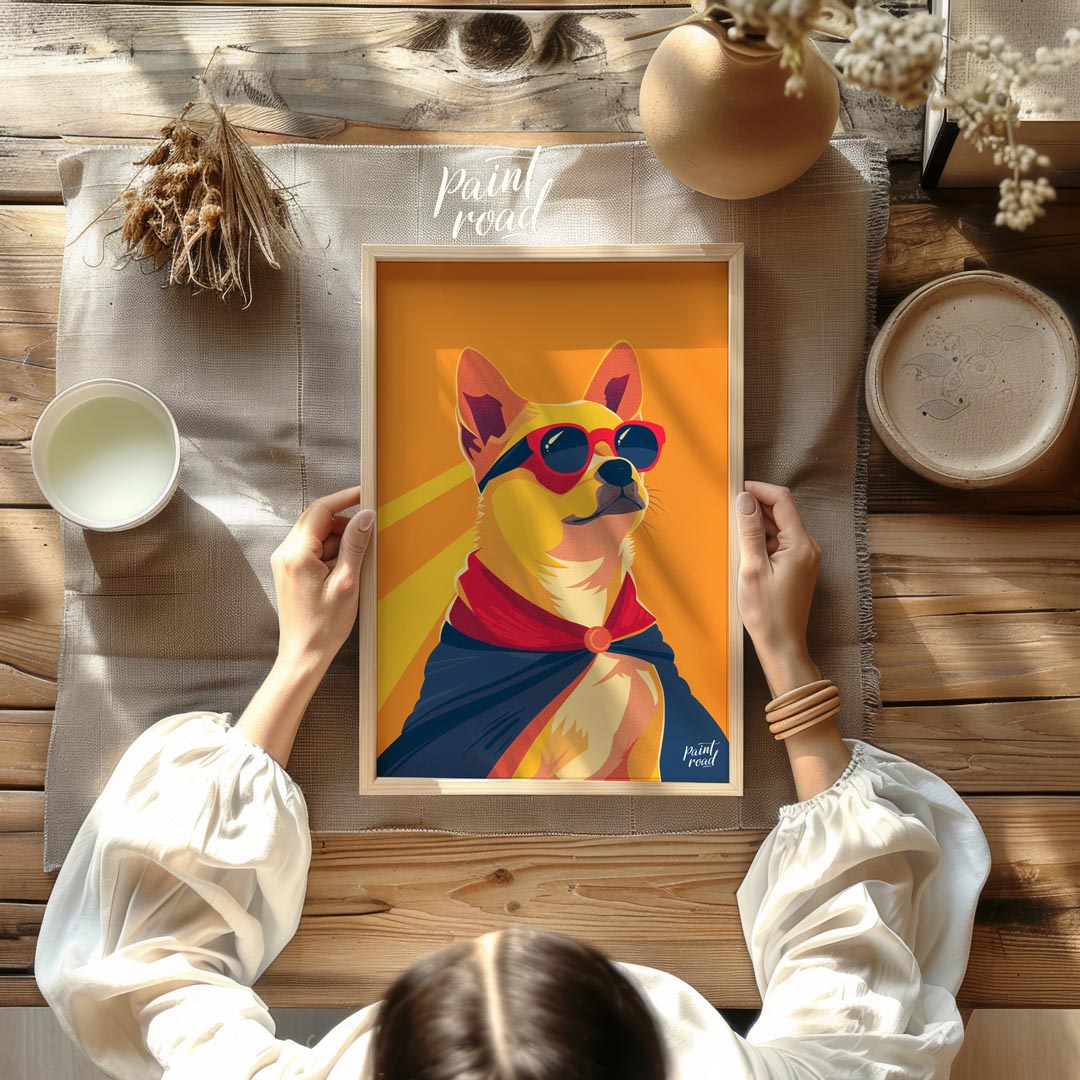This dynamic pop art illustration features a confident Shiba Inu dog striking a heroic pose, comple… for other