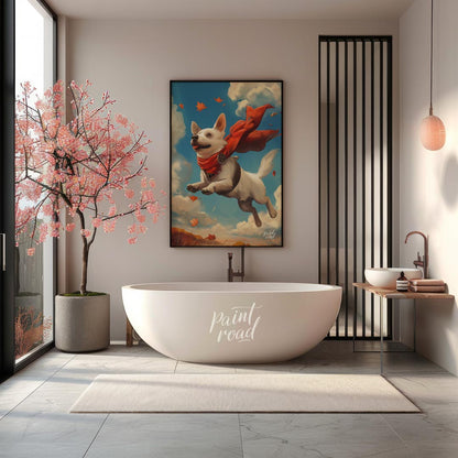 This delightful illustration captures a joyous white dog in mid-flight, sporting a vibrant red cape… for bathroom