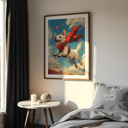 This delightful illustration captures a joyous white dog in mid-flight, sporting a vibrant red cape… for bedroom