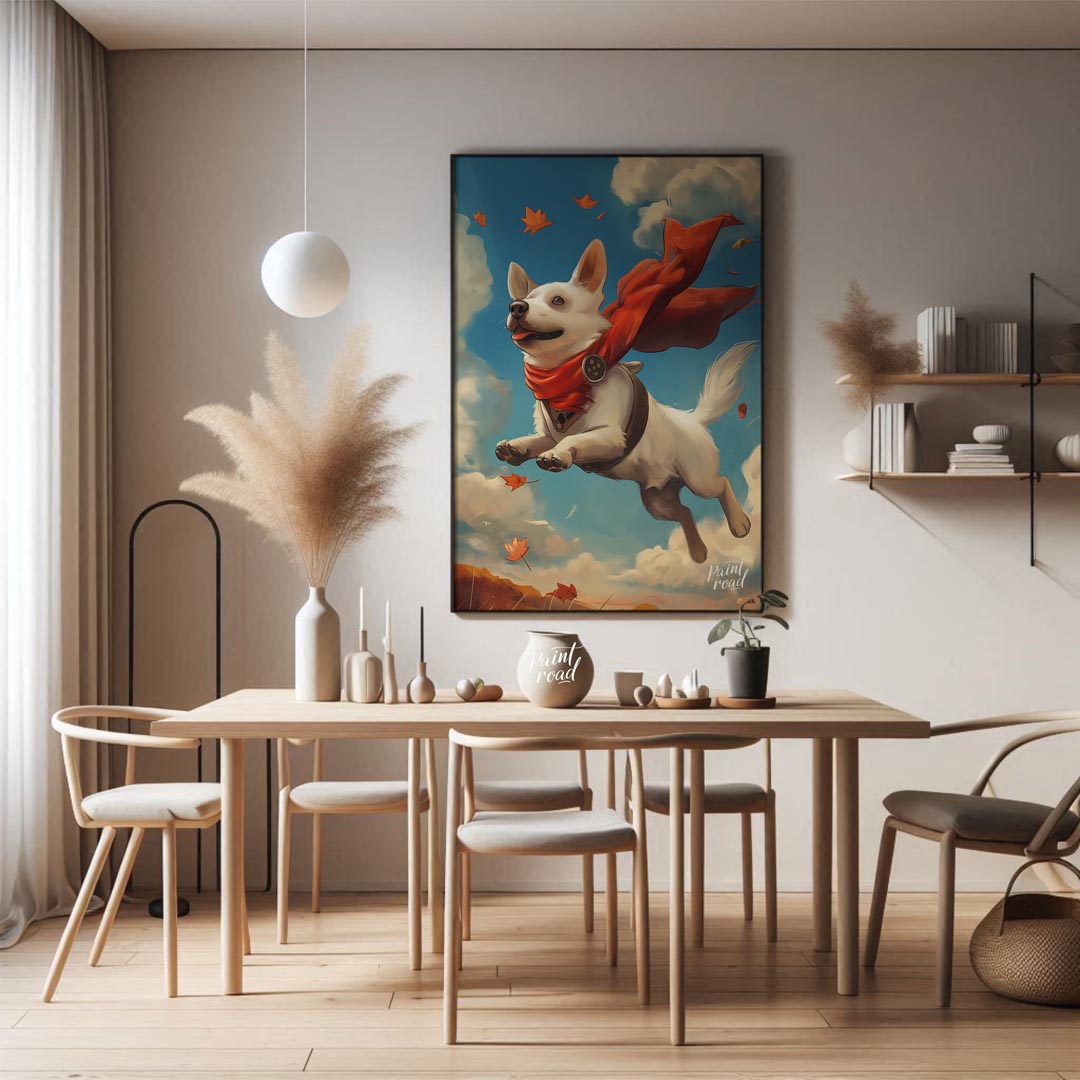 This delightful illustration captures a joyous white dog in mid-flight, sporting a vibrant red cape… for dining room