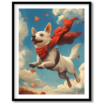 This delightful illustration captures a joyous white dog in mid-flight, sporting a vibrant red cape… for home