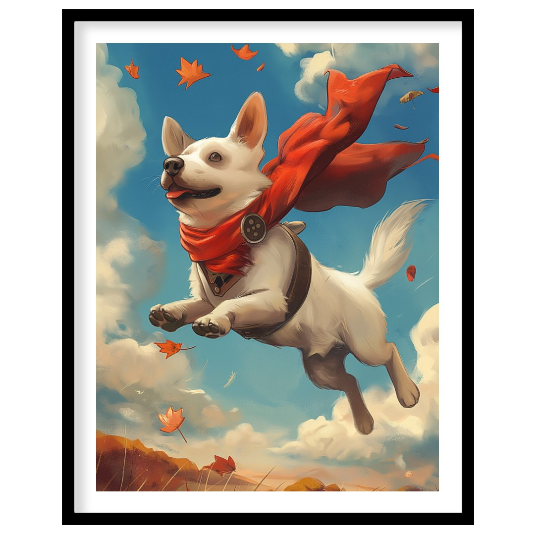 This delightful illustration captures a joyous white dog in mid-flight, sporting a vibrant red cape… for home