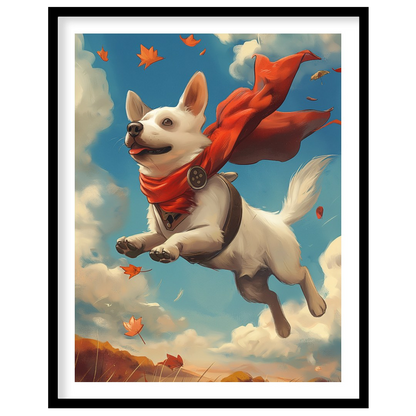 This delightful illustration captures a joyous white dog in mid-flight, sporting a vibrant red cape… for home