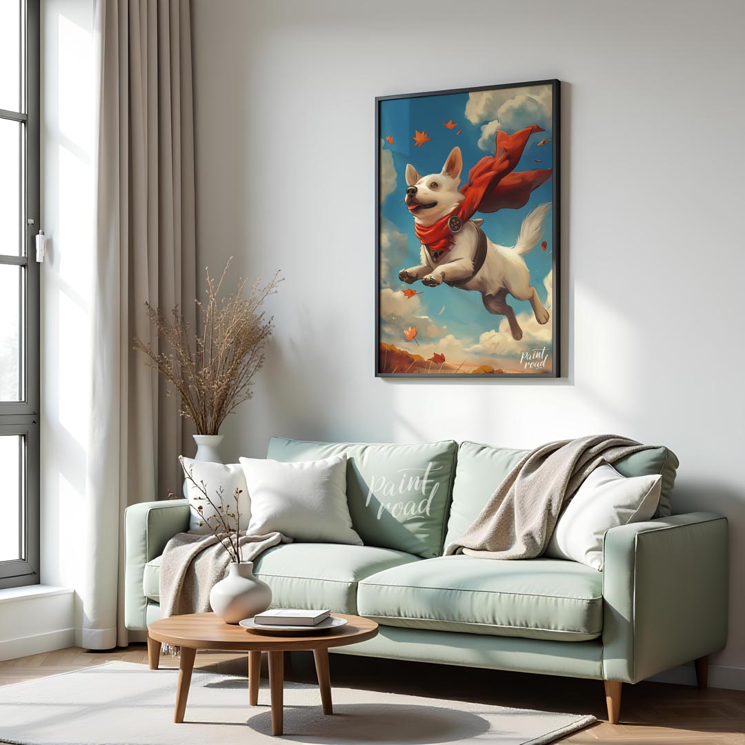 This delightful illustration captures a joyous white dog in mid-flight, sporting a vibrant red cape… for living room