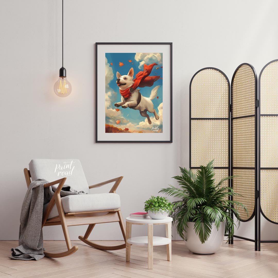 This delightful illustration captures a joyous white dog in mid-flight, sporting a vibrant red cape… for living room
