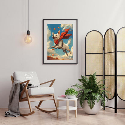 This delightful illustration captures a joyous white dog in mid-flight, sporting a vibrant red cape… for living room