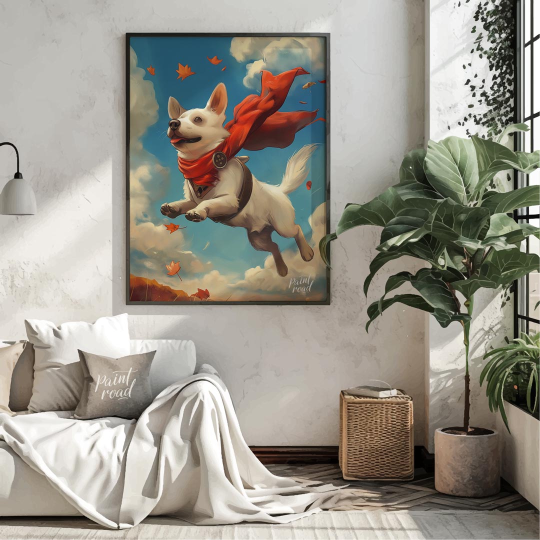 This delightful illustration captures a joyous white dog in mid-flight, sporting a vibrant red cape… for living room