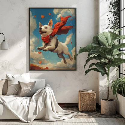 This delightful illustration captures a joyous white dog in mid-flight, sporting a vibrant red cape… for living room