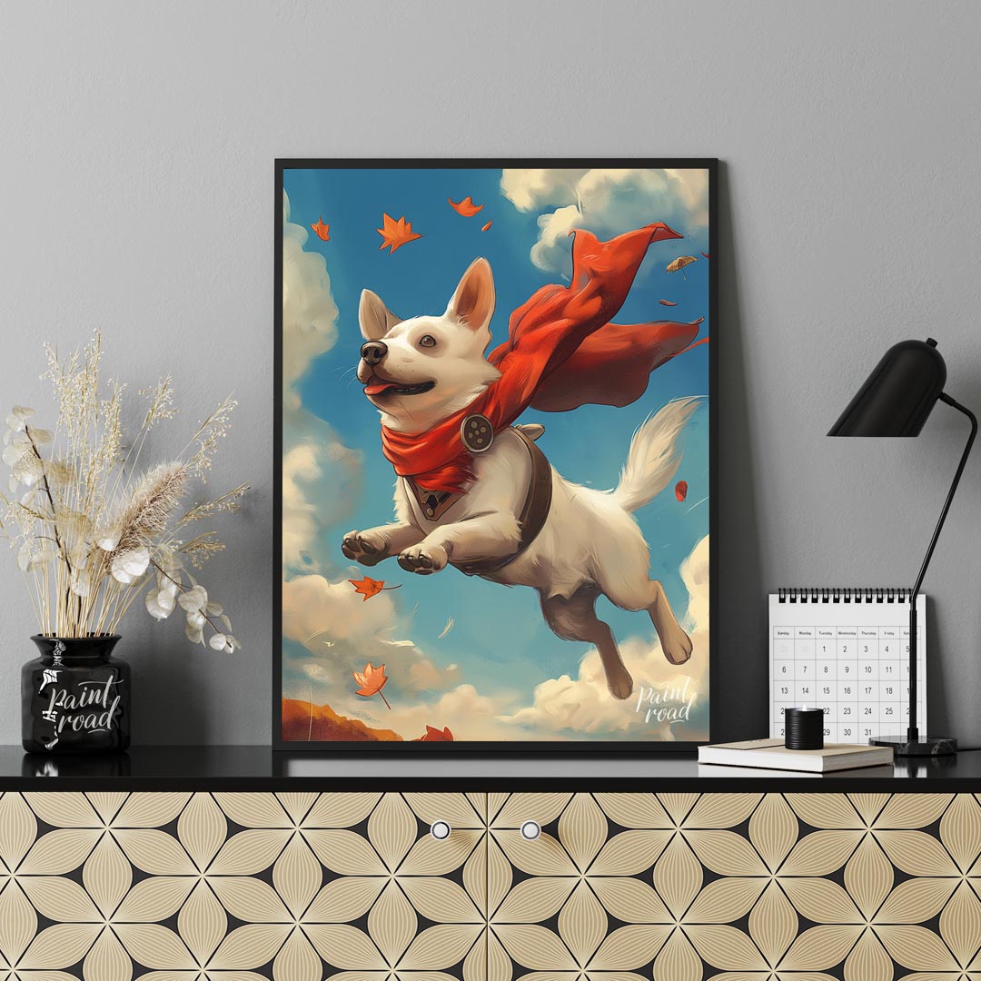 This delightful illustration captures a joyous white dog in mid-flight, sporting a vibrant red cape… for office