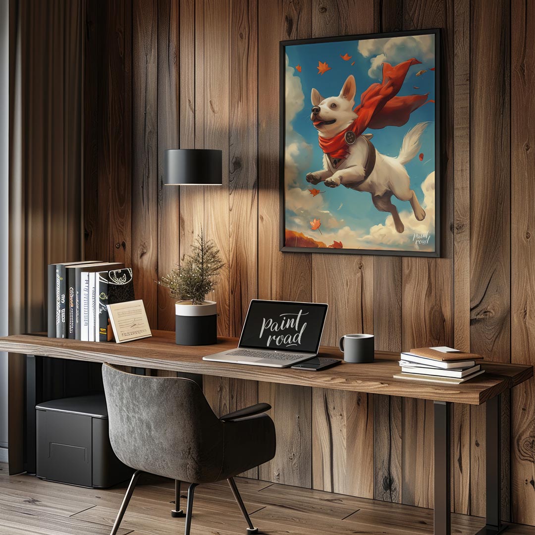 This delightful illustration captures a joyous white dog in mid-flight, sporting a vibrant red cape… for office