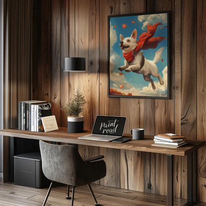 This delightful illustration captures a joyous white dog in mid-flight, sporting a vibrant red cape… for office