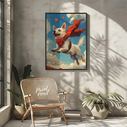 This delightful illustration captures a joyous white dog in mid-flight, sporting a vibrant red cape… for other
