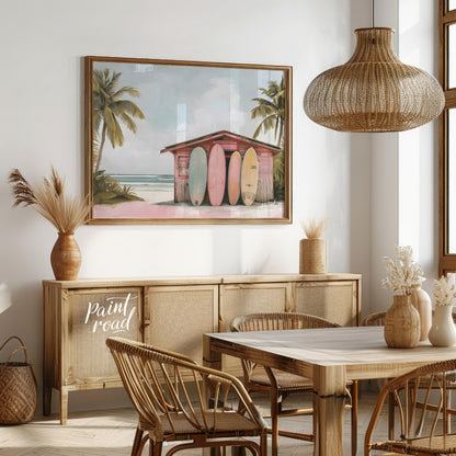 This artwork captures a serene beach scene with a charming surf shack as its focal point. The shack… for dining room