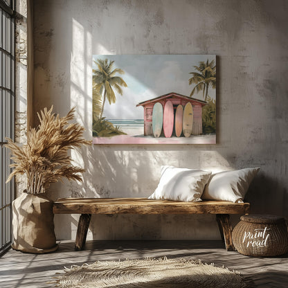 This artwork captures a serene beach scene with a charming surf shack as its focal point. The shack… for entryway