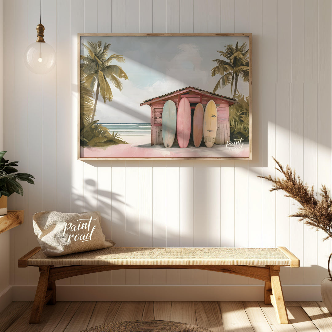 This artwork captures a serene beach scene with a charming surf shack as its focal point. The shack… for entryway