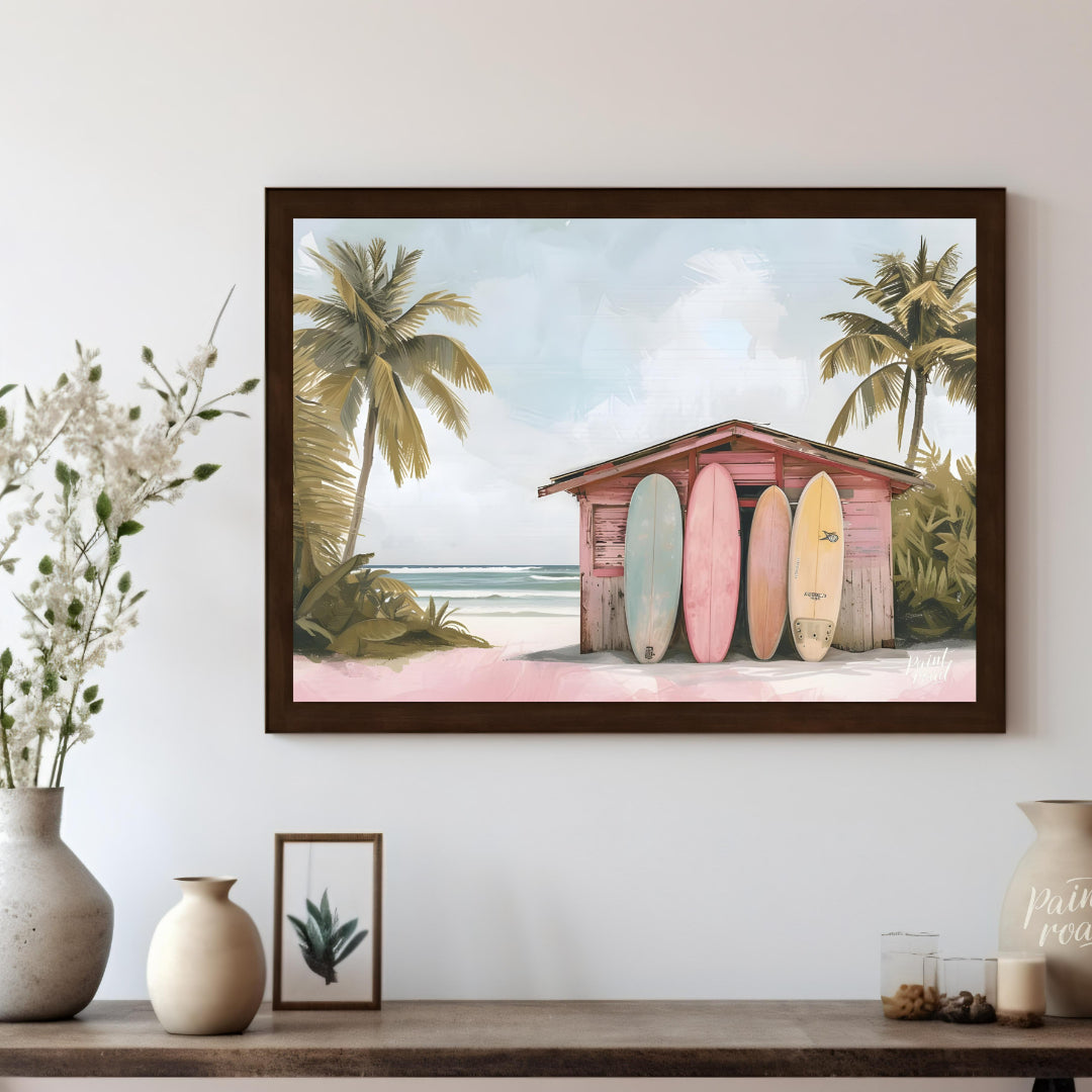 This artwork captures a serene beach scene with a charming surf shack as its focal point. The shack… for living room