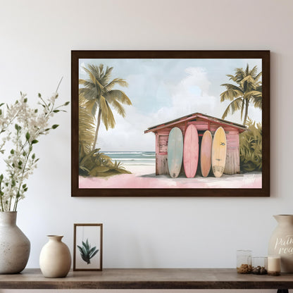 This artwork captures a serene beach scene with a charming surf shack as its focal point. The shack… for living room
