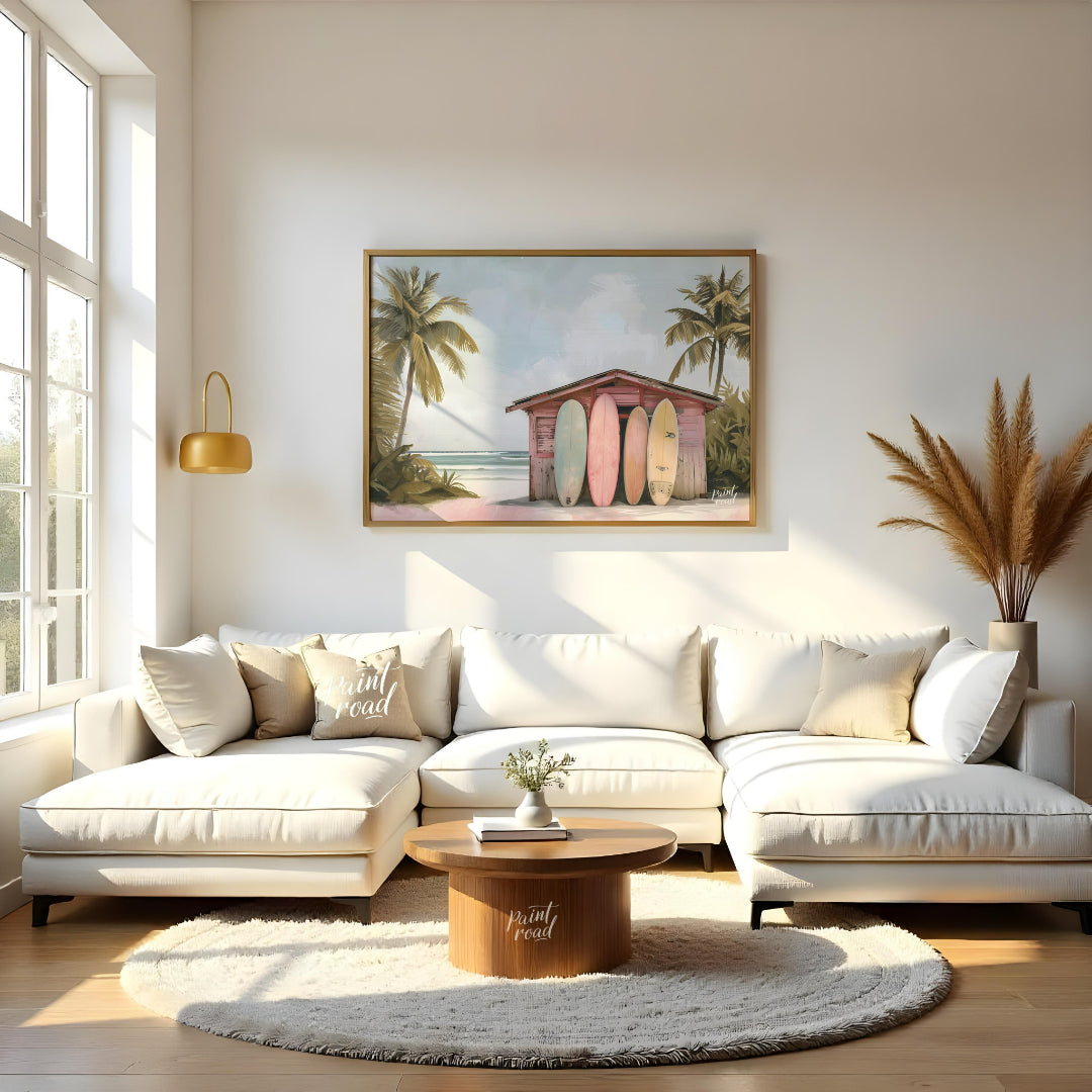 This artwork captures a serene beach scene with a charming surf shack as its focal point. The shack… for living room