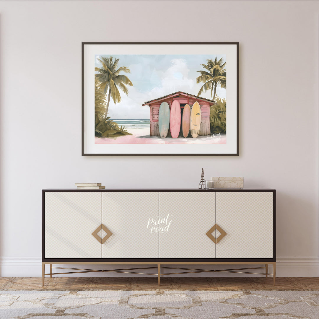 This artwork captures a serene beach scene with a charming surf shack as its focal point. The shack… for living room