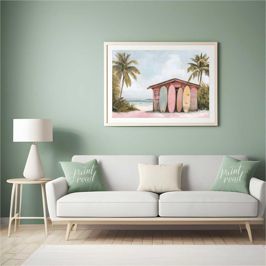 This artwork captures a serene beach scene with a charming surf shack as its focal point. The shack… for living room
