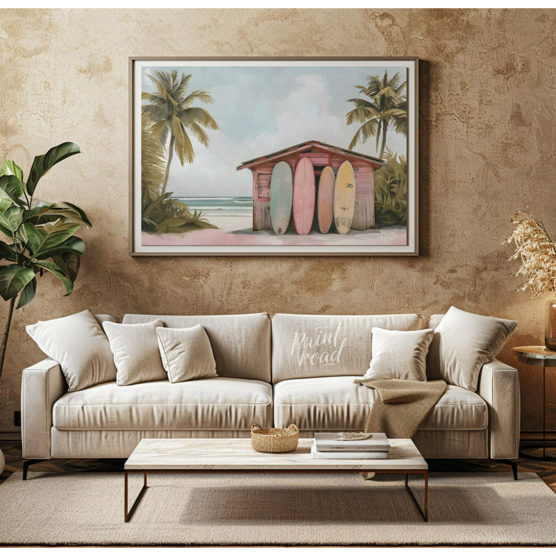 This artwork captures a serene beach scene with a charming surf shack as its focal point. The shack… for living room