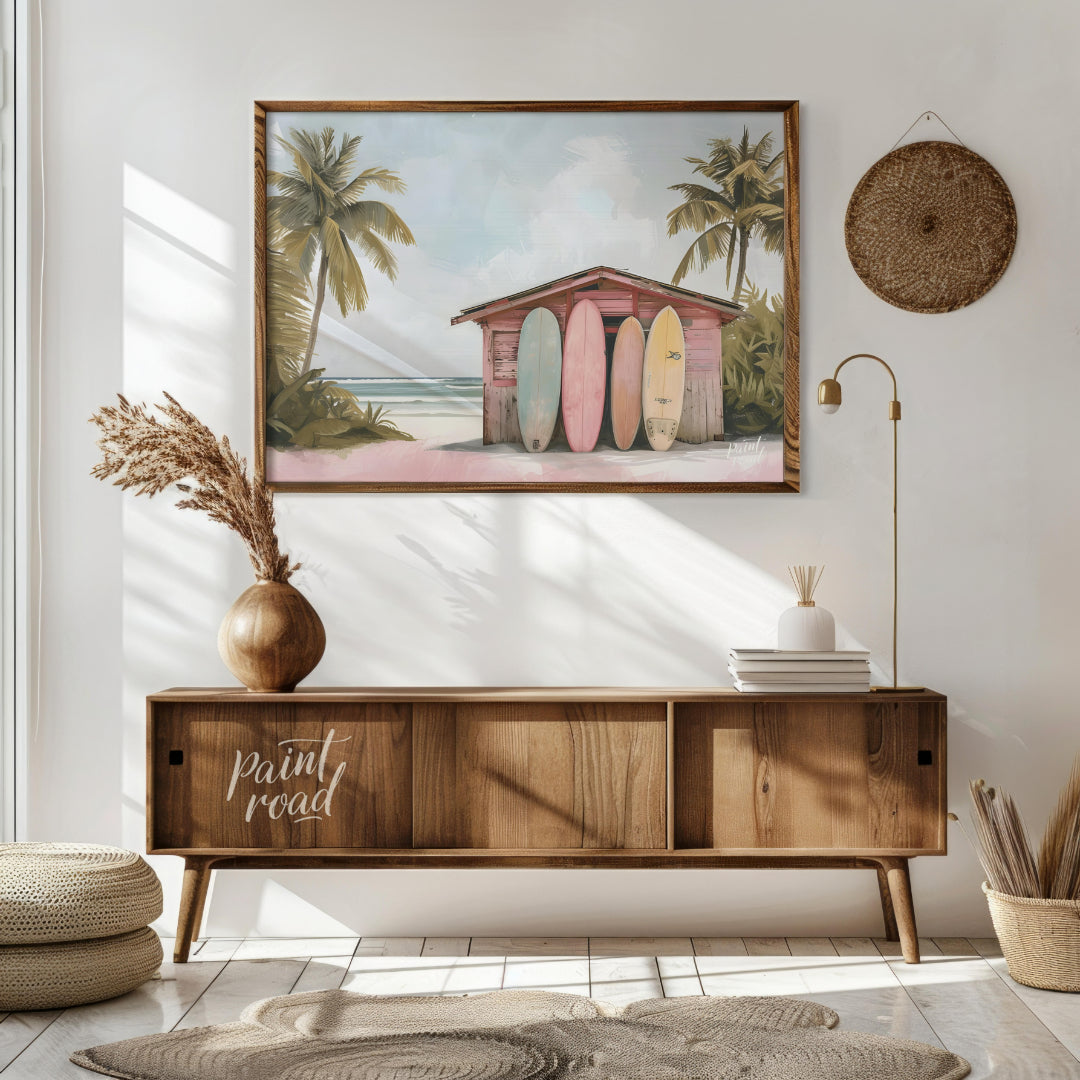 This artwork captures a serene beach scene with a charming surf shack as its focal point. The shack… for living room