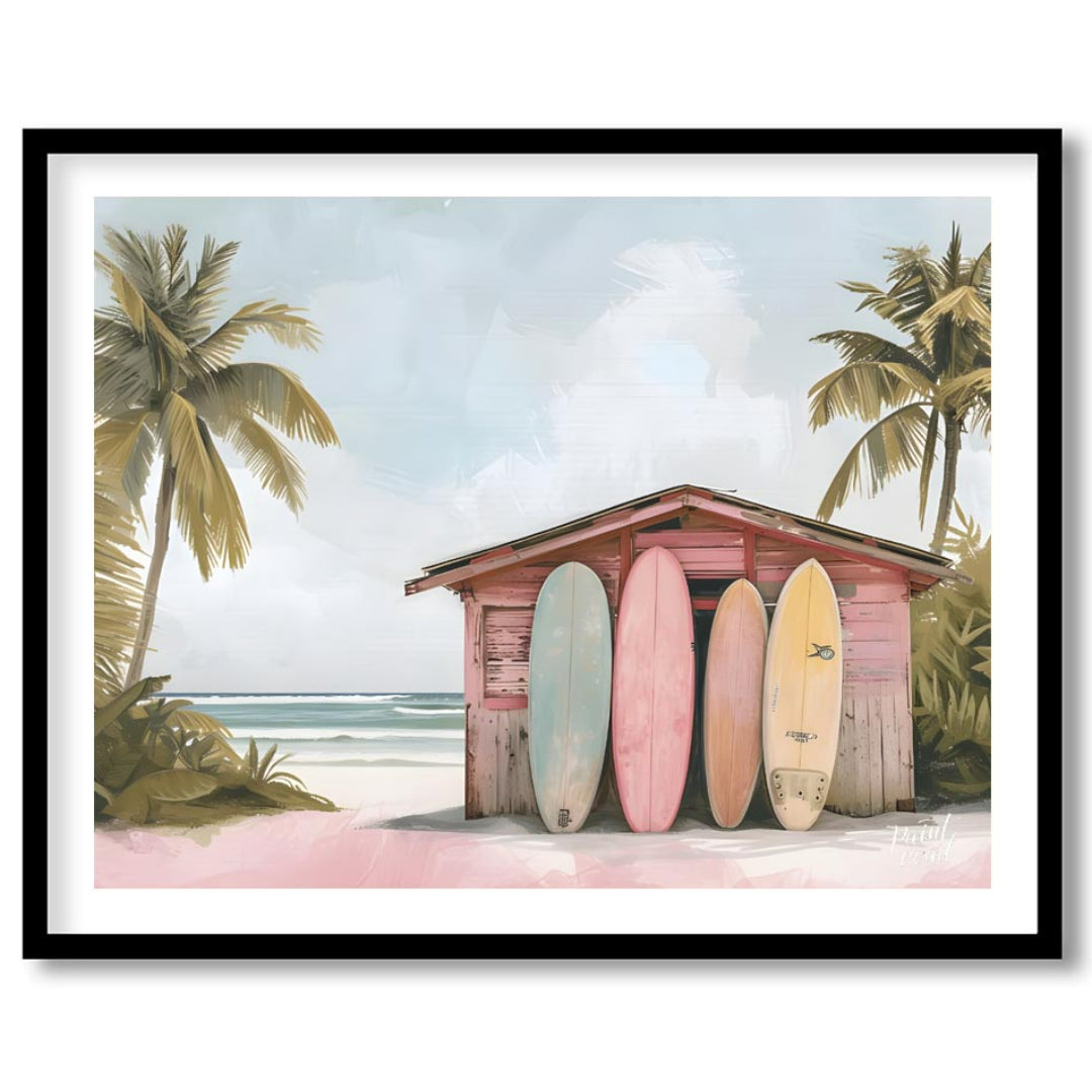 This artwork captures a serene beach scene with a charming surf shack as its focal point. The shack… for room