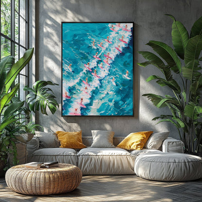 Immerse yourself in the vibrant energy of 'Surf Symphony,' where a sea of surfers rides vividly for Balcony