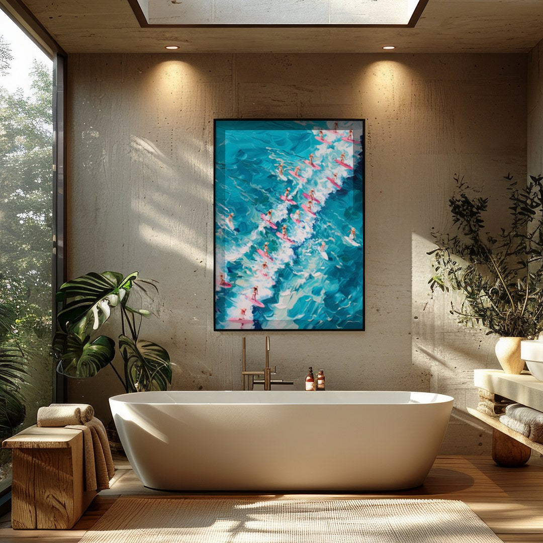 Immerse yourself in the vibrant energy of 'Surf Symphony,' where a sea of surfers rides vividly for Bathroom