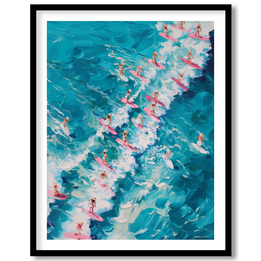 Immerse yourself in the vibrant energy of 'Surf Symphony,' where a sea of surfers rides vividly for bedroom