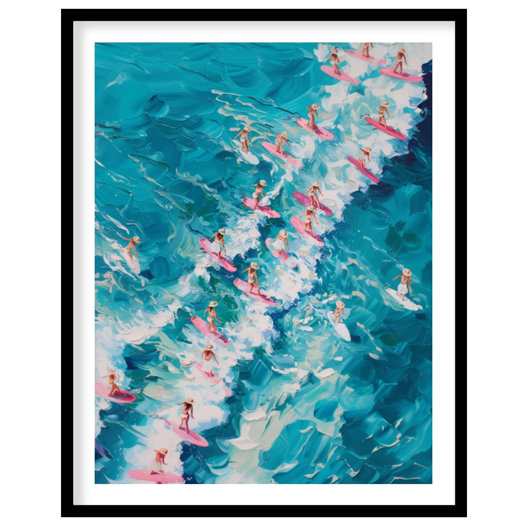 Immerse yourself in the vibrant energy of 'Surf Symphony,' where a sea of surfers rides vividly for bedroom
