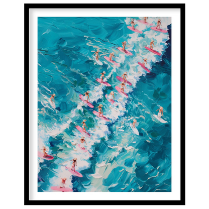 Immerse yourself in the vibrant energy of 'Surf Symphony,' where a sea of surfers rides vividly for bedroom